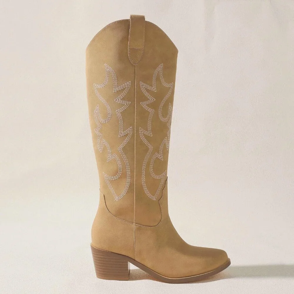 Women Camel Polyurethane Embroidered Chunky Stacked Heel Knee High Western Boots